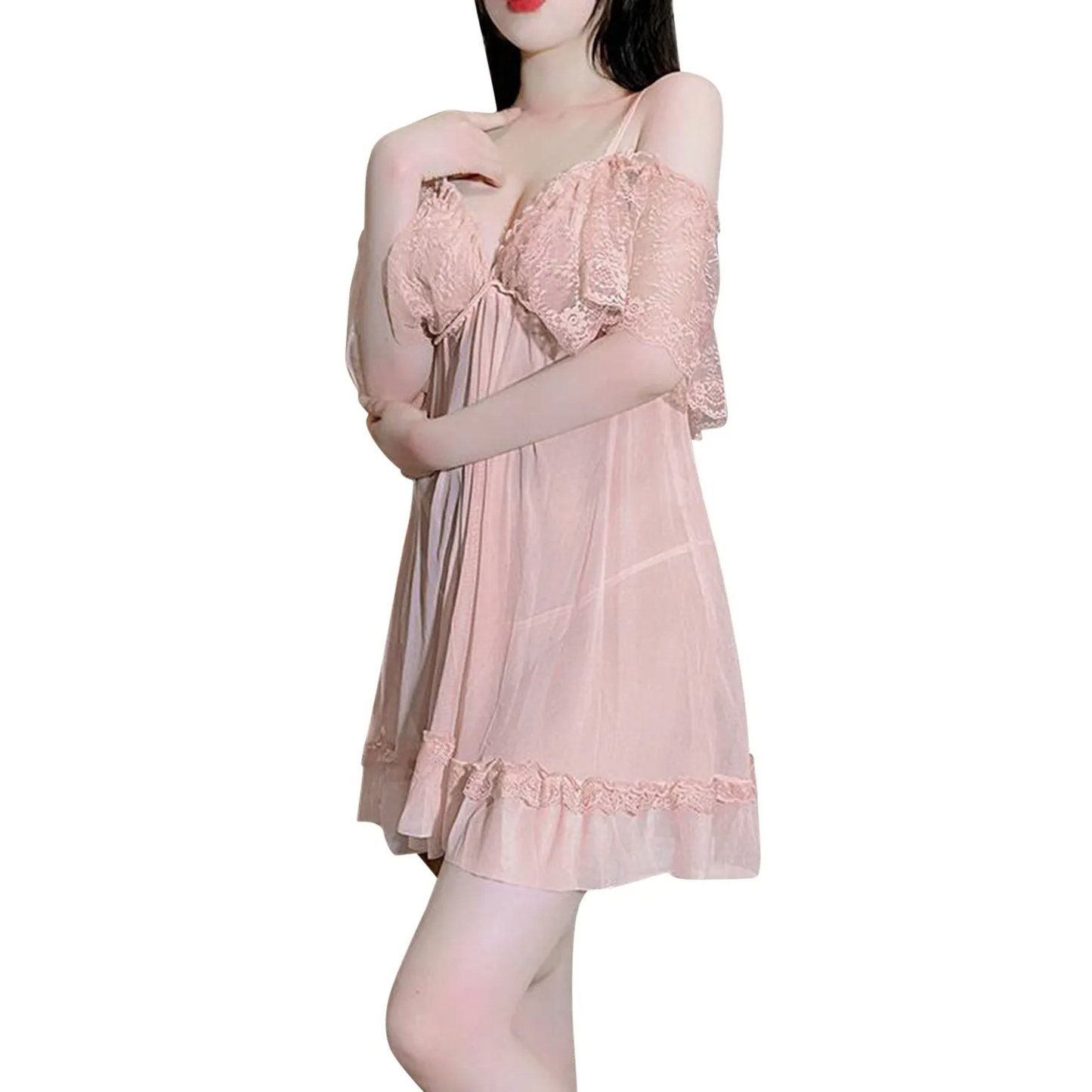 Sexy V-Neck Lace Mesh Nightdress – Women’s Sleepwear