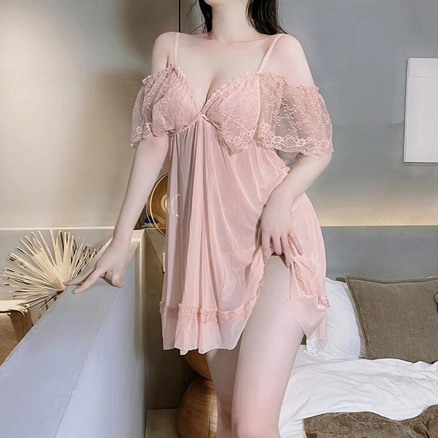 Sexy V-Neck Lace Mesh Nightdress – Women’s Sleepwear